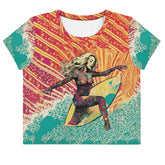 Surfing 1 01 Crop Tee featuring vibrant all-over print for a standout beach look.