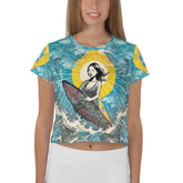 Catch the surf with Surfing 1 40 Crop Tee, featuring dynamic all-over surf prints.