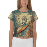 Surfing 1 28 Crop Tee with captivating all-over wave print for surf aficionados.