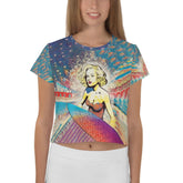 Surfing 1 26 Crop Tee with striking all-over print for trendsetters.