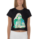 Woman wearing Street Style Pop Fusion Crop T-Shirt with urban background.