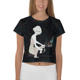 Retro Comic Burst Crop T-Shirt with colorful superhero print design.