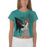 Model wearing Petal Power Crop T-Shirt in a sunny outdoor setting