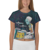 Front view of Rhythmic Beats Women's Crop T-Shirt displayed on a mannequin.