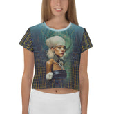 Eclectic Boho Crop Tee with colorful patterns on display.