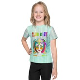 Child wearing Knight’s Quest Kids Crew Neck T-Shirt with cartoon knights design