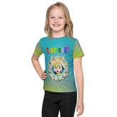 Child wearing Magical Creatures printed crew neck t-shirt.