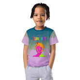 Child wearing Moonlit Fairy Tale Kids Crew Neck T-Shirt in magical setting.