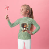 Child wearing CB6-11 rash guard for swimming