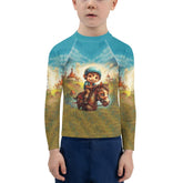 Child wearing CB6-22 blue kids rash guard for sun protection.