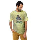 Men's crew neck t-shirt with surfer sloth design for beach vibes.