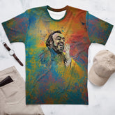 Close-up of Tranquil Tulips Men's Crewneck Tee with tulip design.