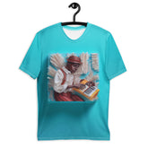 Flying Hummingbird Harmony printed men's crew neck t-shirt on model.