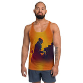 Innovative SurArt 93 Men's Tank Top featuring eclectic art for a unique beach look.