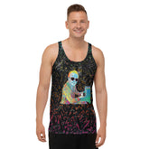Warhol Dreams men's tank top with pop art print front view.