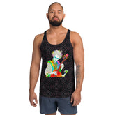 Comic Chaos men's tank top with colorful superhero print.