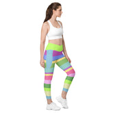 Rainbow Cascade Crossover Leggings on model doing yoga.