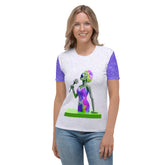 Jazz Fusion themed women's crew neck t-shirt on model