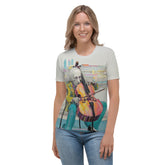 Woman modeling Harmony Melodies crew neck t-shirt outdoors.