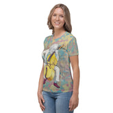 Beat Symphony women's crew neck t-shirt on model in urban setting.