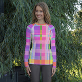 Catch the surf in style with the Rainbow Waves Women's Rash Guard, a colorful shield against the sun's rays.