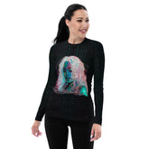 Groove Garden Women's Rash Guard in a vibrant garden print on a surfer.