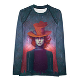 Woman wearing Galactic Explorer Rash Guard with starry design