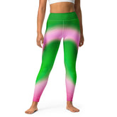 Practicing a calming yoga pose in Azure Ripple Wavy Gradient Yoga Leggings.