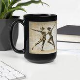 Elegant black glossy mug with Balletic Fantasia of Fashion design for a stylish morning coffee.