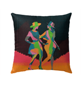 Balletic Intimacy Attire Outdoor Pillow displayed on a patio chair, enhancing outdoor seating.