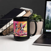Balletic Reflections glossy black mug on a chic, modern tabletop.