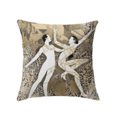 Balletic Symphony Attire patterned indoor pillow on a cozy living room sofa.