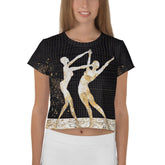 Elegant all-over print Balletic Symphony of Style Crop Tee on model.