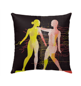 Balletic Tapestry Style Outdoor Pillow displayed on a cozy outdoor sofa.