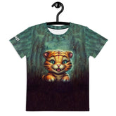 Child smiling wearing CB3-26 kids crew neck t-shirt in blue