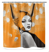 Artistic shower curtain with abstract patterns in vibrant colors.