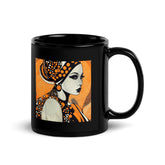 Close-up of Doodle Dramas Black Glossy Mug on wooden table.