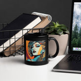 Black glossy mug with unique drawing design on front view.