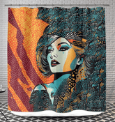 Artistic drawing design shower curtain in a modern bathroom setting.