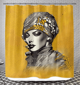 Elegant Drawn Depths printed shower curtain hanging in a modern bathroom.