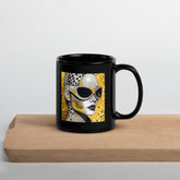 Drawn Dimensions II artistic black glossy mug on a white background.