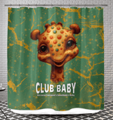 Colorful giraffe pattern on dreamy shower curtain enhancing bathroom decor.