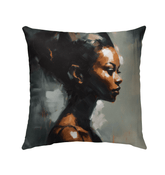 Electro Beats Outdoor Pillow with vibrant color patterns on a garden bench