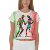 Elegant balletic pairs printed crop tee with vibrant colors.