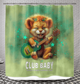 Enchanted Lion Eyes shower curtain featuring a captivating gaze in a vibrant bathroom setting.