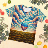 Close-up of the Freedom Expressions logo on women's t-shirt.