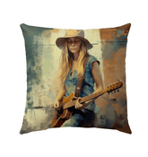 Harmonious Riffs patterned outdoor pillow on a garden bench.