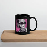 Artistic black glossy mug with illustration interludes design.