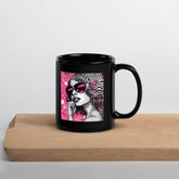 Artistic black glossy coffee mug with unique illustrations