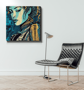 Illustrative imagination wrapped canvas displayed in a modern living room.